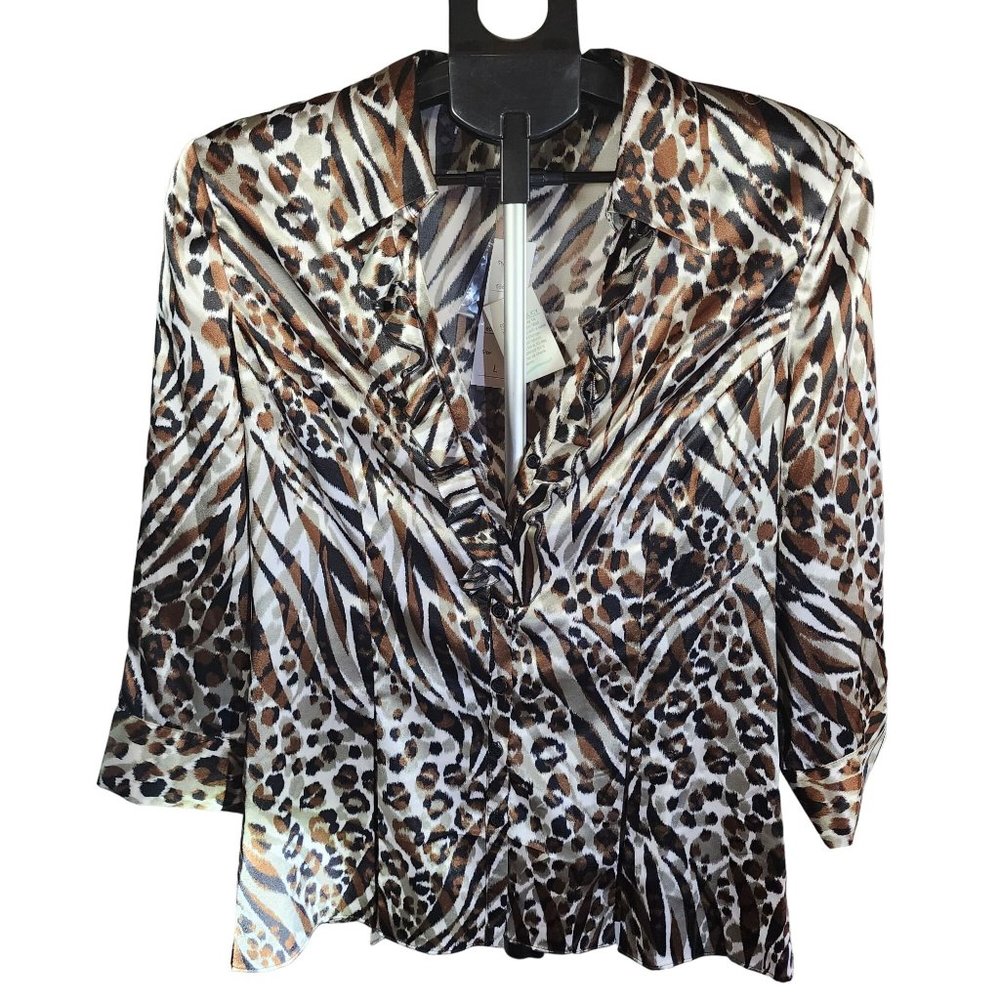 Spense Brown Black Gray Cream Button Down Dressy Blouse NWT